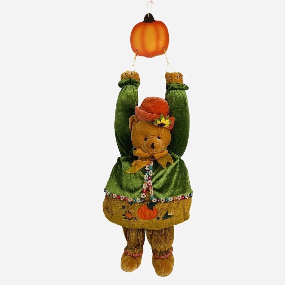 Vintage 90s Hanging Autumn Fall 32" Plush Teddy Bear Pumpkin Leaf Thanksgiving